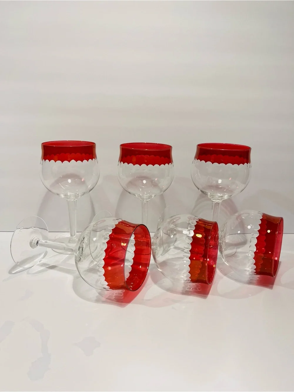 Vintage 1950’s Czech Crystal Cranberry Cut Dots Wine Glasses Set of 6